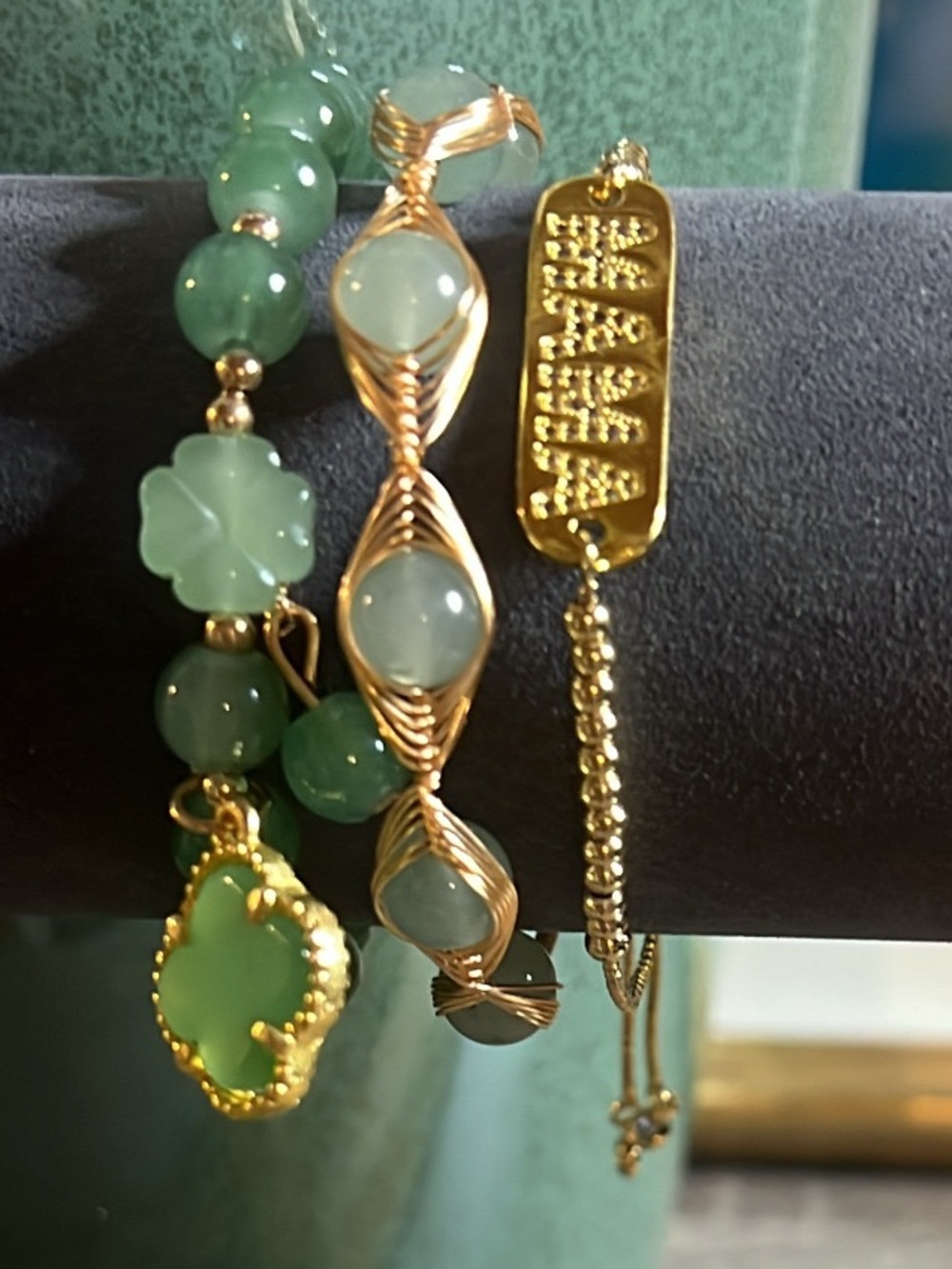 3PCS Set Gold and Green Aventurine Bead Bracelet with Clover Charm - Picture 1 of 7